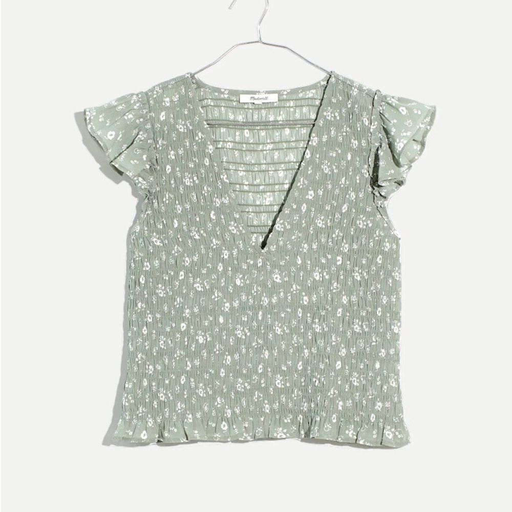 MADEWELL V-Neck Cottage Garden Smocked Lucie Top Green - 26W